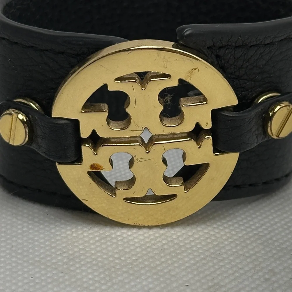 Tory Burch Black Leather Bracelet with Gold Emblem - Picture 2 of 5
